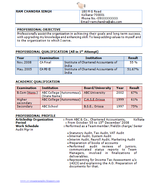 Resume of chartered accountants